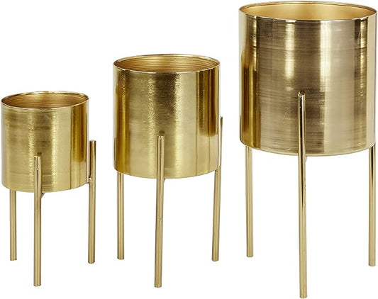 Deco 79 Metal Indoor Outdoor Planter Large Planter Pot with Removable Stand, Set of 3 Planters 18", 14", 12"H, Gold