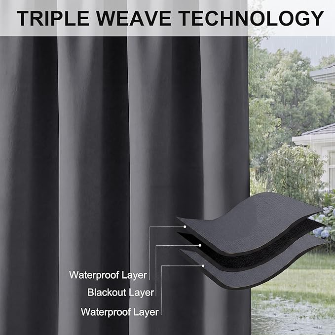 RYB HOME Extra Wide Outdoor Curtains for Patio Waterproof Heavy Duty Thermal Insulated in Summer Full Coverage Privacy for Porch, Cabana & Pool, W150 x L95, Grey, 1 Panel