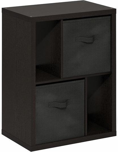Furinno Viola Storage Shelf, 4-Tier Storage Rack with Bins, Book Shelf, Bookshelf, Display Rack with Drawer Bins, Extra Thick Frame, for Organization, Living Room, Home Office, Black Dark Oak