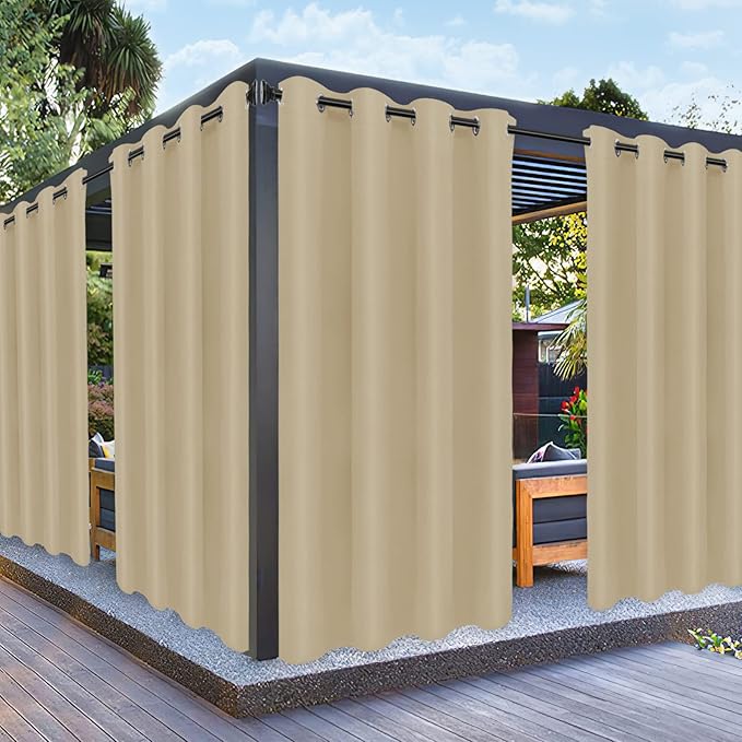 PureFit Outdoor Curtains for Patio Waterproof Weatherproof, UV Resistant Outside Curtains for Gazebo, Front Porch, Pergola, Sun Blocking Privacy Curtain, 52W x 95L inch, Set of 2, Beige