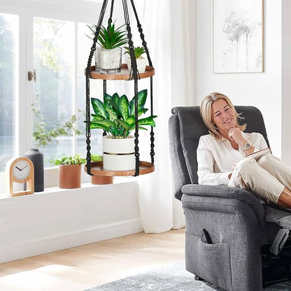 2 Tier Macrame Plant Hanger | Plant Hanger Indoor, Hanging Planter | Hanging Planter Shelf (Black) (Large, 12" Shelf)