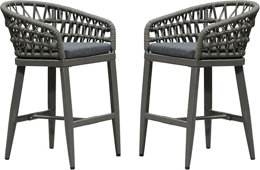 PURPLE LEAF Outdoor Rattan 24" Counter Height Bar Stools Chair Set of 2, Modern Patio Wicker Barstool with Backrest for Indoor and Outdoor, Kitchen Island, Smoke Grey