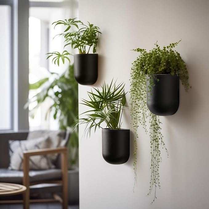 LA JOLIE MUSE Wall Hanging Planters for Indoor Plants，Hanging Flower Pots for Air Plants Succulent, Set of 2, 5.7L*4.1W*7H, Black