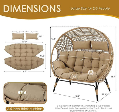 NICESOUL® Double Egg Chair Indoor Outdoor Stationary Oversized Thicken Padded Cushions,2 Person Egg Loveseat Chair, 680 lbs Extra Large Lounge Chair for Patio Balcony Porch Brown