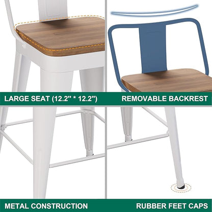 WENTMENT Metal Bar Stools Set of 2 Counter Height Barstools with Removable Back 24" Kitchen Bar Stools with Wooden Seat,Off White