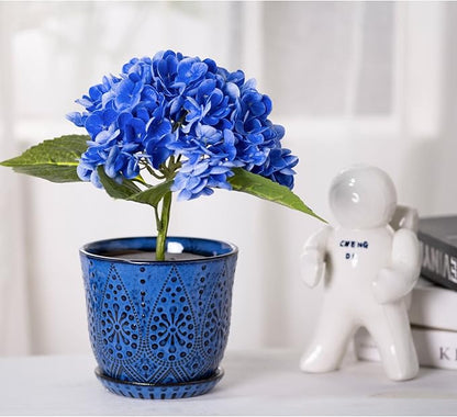 Gepege 6 Inch Beaded Ceramic Planter Set of 2 with Drainage Hole and Saucer for Plants, Indoor-Outdoor Large Round Succulent Orchid Flower Pot (Blue, for Inner-pots not Larger Than 5 Inch)