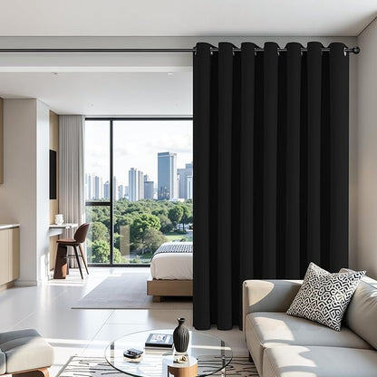 Joydeco Blackout Patio Sliding Door Curtains 90 Inches Long, Grommet Privacy Room Divider Curtains, Extra Wide Thermal Blackout Drapes for Bedroom Living Room (Black, 100Wx90L, 1 Panel)