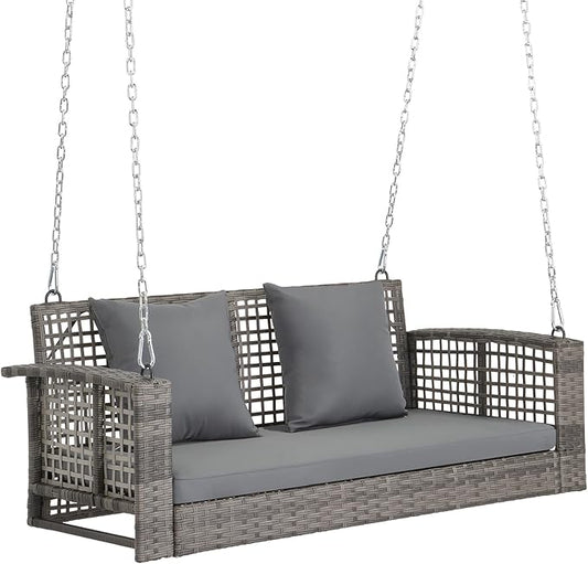 VINGLI 4 FT Rattan Porch Swing Outdoor Support 800 LBS with Cushions & Adjustable Chains, Patio Wicker Swing Bench Chair for Garden, Yard, Lawn, Tree, Grey