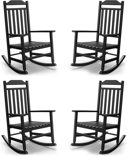 Patio Rocking Chair Outdoor Set of 4,Weather Resistant Poly Resin Oversized Porch Rocker,High Back Smooth Design,350lb Weight Capacity,Indoor Outdoor Use(4, Black)