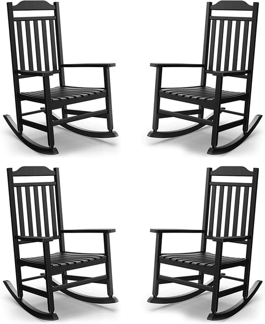 Patio Rocking Chair Outdoor Set of 4,Weather Resistant Poly Resin Oversized Porch Rocker,High Back Smooth Design,350lb Weight Capacity,Indoor Outdoor Use(4, Black)