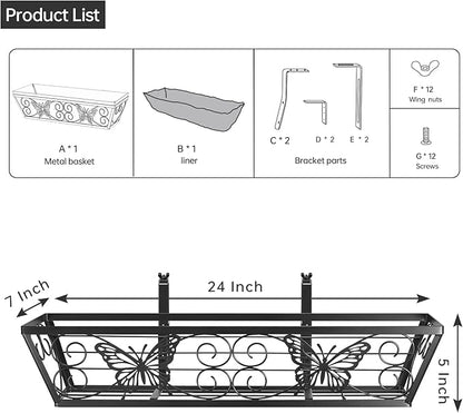 6 Pack 24 Inch Window Boxes Planters Railing Planter Box with Adjustable Brackets for Porch Fence Patio Balcony Hanging Flower Baskets with Woven Fabric for Outdoor Garden Decor - Black