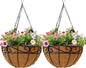 Outdoor Metal Hanging Planters Basket (2pack, 12 inch) Hanging Baskets for Plants Chain Round Wire Plant Holder with Coco Fiber Liners for Garden, Patio, Deck, Porch(Flower Border)