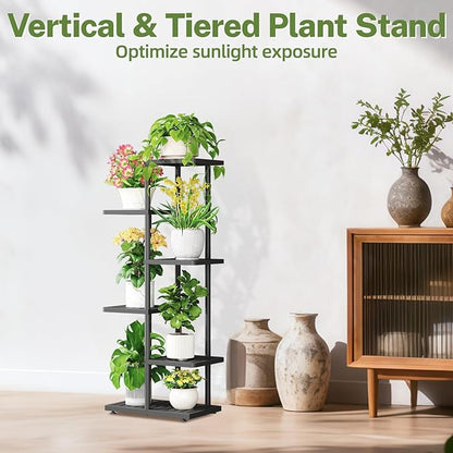 iDavosic.ly Plant Stand Indoor Outdoor, 5-Tier Tall Metal Flower Shelf for Heavy-Duty Large Planters, Corner Orchid Display Rack for Living Room Balcony Patio Porch, Space Saving, Modern Black