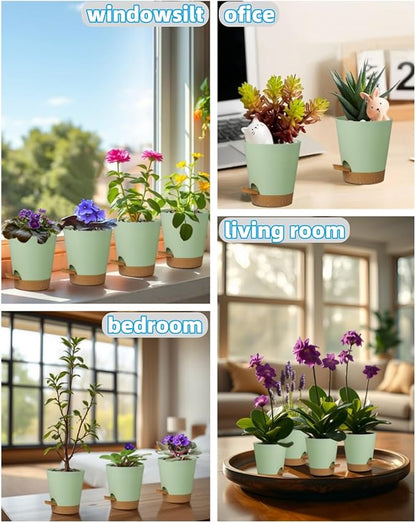 12 Pack 4 Inch Self Watering Plant Pots with Drainage and Saucers，Plastic Flower Pots for Indoor and Outdoor Plants, Nursery Planters for Houseplants and Herbs Green Brown, 4 inch 12pcs