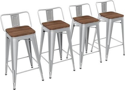 Yongchuang 24 inch Barstools Set of 4 Counter Height Bar Stools Farmhouse Kitchen Metal Bar Chairs with Wood Seat Low Back Silver