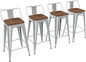 Yongchuang 24 inch Barstools Set of 4 Counter Height Bar Stools Farmhouse Kitchen Metal Bar Chairs with Wood Seat Low Back Silver