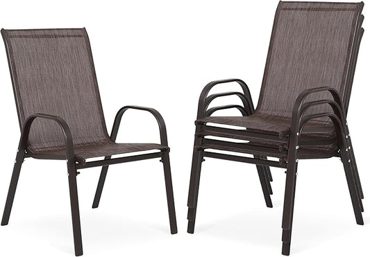Outdoor Stackable Chairs Set of 4, Stacking Patio Chairs with Textilene Fabric, Outside Furniture for Garden Backyard Balconie Poolside Deck, Brown