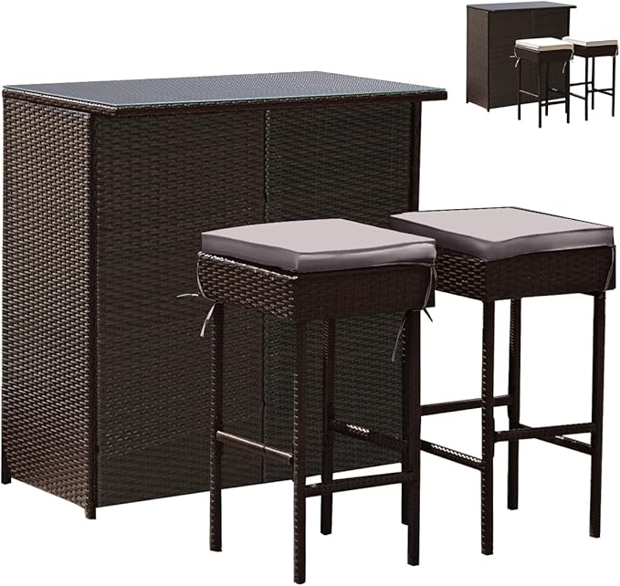 Tangkula Patio Bar Set, 3 Piece Outdoor Rattan Wicker Bar Set with 2 Cushions Stools & Glass Top Table, Gray & Off White Cover, Outdoor Furniture Set for Patio Backyard Porch Garden Poolside