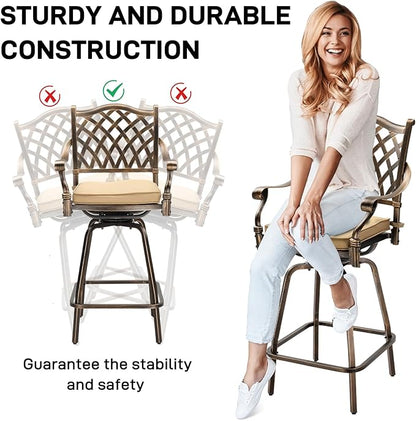 VINGLI Outdoor Swivel Bar Stools Set of 2, Cast Aluminum All-Weather Patio Bar Height Chairs, Patio Bar Dining Chairs Outdoor Swivel Patio Furniture (Grid Back)