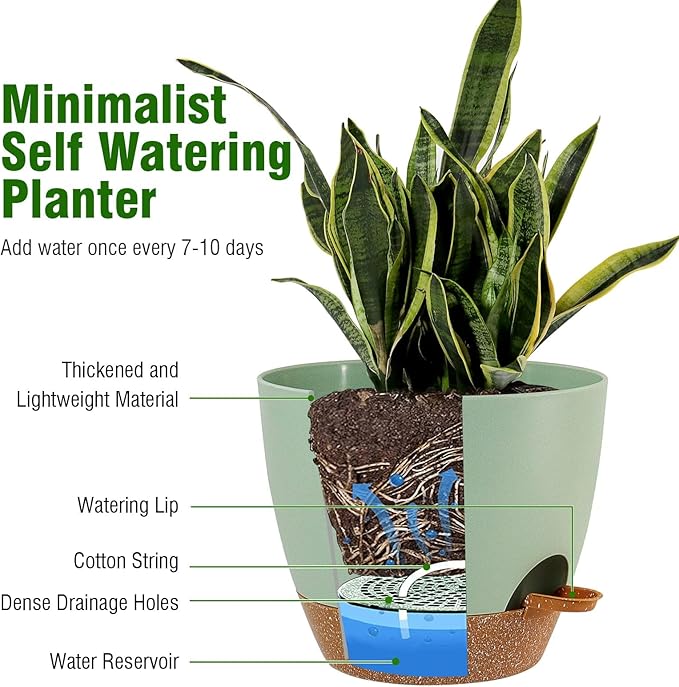 10/9/8 inch Self Watering Pots, Set of 3 Plastic Planters with Mesh Drainage Holes and Deep Reservoir for Indoor Outdoor Garden Plants and Flowers, Green with Brown