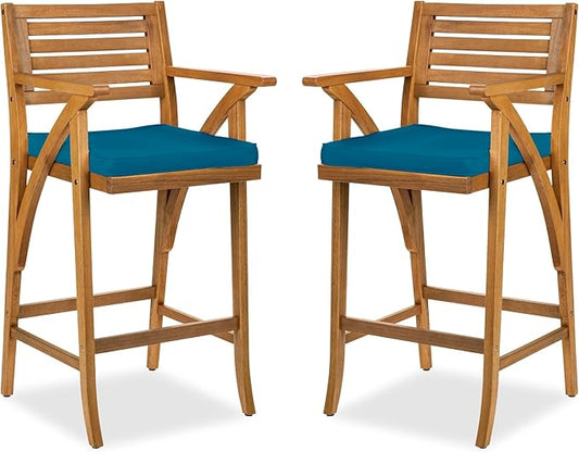Best Choice Products Set of 2 Outdoor Acacia Wood Bar Stools Bar Chairs for Patio, Pool, Garden w/Weather-Resistant Cushions - Peacock Blue