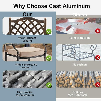 7-Piece Cast Aluminum Patio Furniture, Patio Dining Set for 6 Include 59" Rectangular Outdoor Dining Table and 6 Swivel Chairs with Cushions & Umbrella Hole(Bronze)