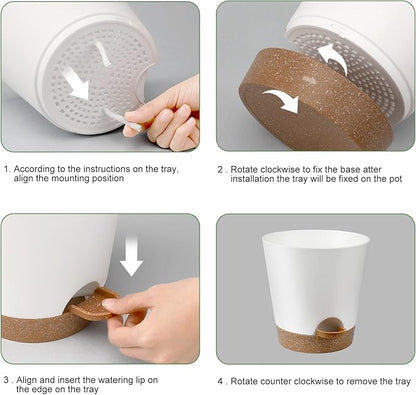 Indoor Self Watering Planters with Drainage Holes and Saucers, 8, 7, 6.5, 6, 5.5, 5 Inches, White, 6 Pots