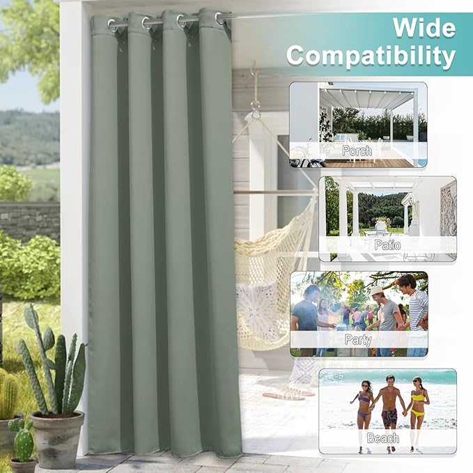 NICETOWN Patio Curtains for Outdoor Waterproof, Rustproof Grommet Thermal Insulated Room Darkening Indoor Outdoor Drapes Privacy for Balcony/Pergola, W52 x L108, Sage Green, 1 Panel