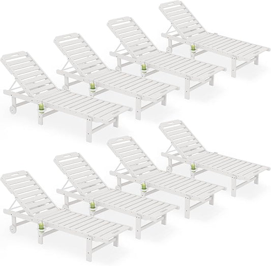 SERWALL Outdoor Chaise Lounge Set of 8, HDPE Pool Lounge Chairs with 5-Position Adjustable Backrest, Patio Loungers with Rolling Wheels & Cup Holder for Pool Sunbathing, White
