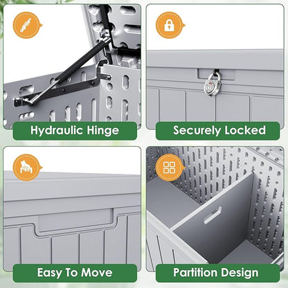 Devoko 260 Gallon Double-Wall Deck Box with Divider, Side Handles, Resin Outdoor Large Storage Box Waterproof and Lockable for Patio Furniture, Garden, Pool (Grey, 260 Gallon)