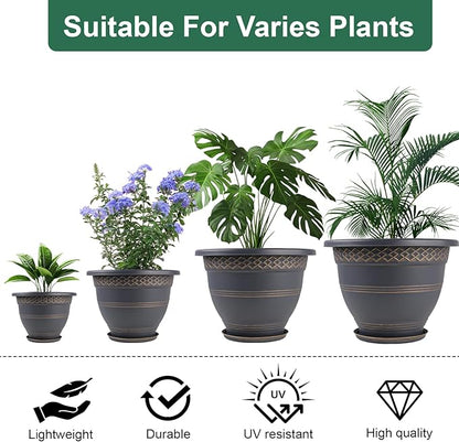 6 Pack 8 Inch Plant Pots, Plastic Flower Pot for Indoor & Outdoor with Drainage Holes & Saucer, Plaid Pattern Planters Garden Pots for Herbs