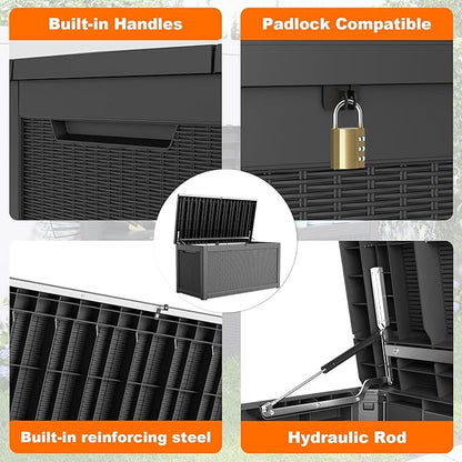 320 Gallon Resin Deck Box, Lockable Weatherproof Outdoor Storage Box for Furniture, Garden Tools and Tools Storage, Waterproof Outside Storage Boxes - Black