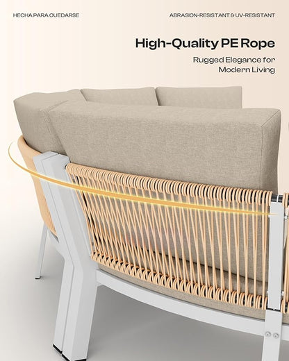 Outdoor Patio Sectional Modular Sofa, Aluminum 1 Piece Curved Patio Couch with Washable Cushions, All Weather PE Rope Sofa for Backyard,Porch, Deck, Poolsid, White
