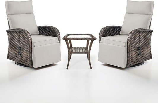 Dual-Adjust Swivel Outdoor Recliner Chair Set of 3 - Reclining Patio Chair with Adjustable Backrest and Footrest, All-Weather Wicker Chaise Lounge Outdoor with Side Table for Deck (Upgraded 2.0)