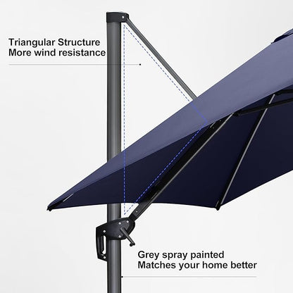 PURPLE LEAF 10 Feet Patio Umbrella with Base Outdoor Cantilever Solar Powered LED Square Umbrella Aluminum Offset Umbrella with 360-degree Rotation for Garden Deck Pool Patio Navy