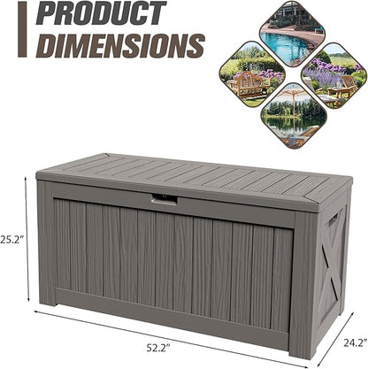 JUMMICO 120 Gallon Resin Deck Box, Large Outdoor Storage Box Waterproof & Lockable for Garden, Patio, Pools (Light Brown)