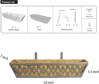 6 Pack 24 Inch Window Boxes Planters Railing Planter Box with Adjustable Brackets for Porch Fence Patio Balcony Hanging Flower Baskets with Coco Liners for Outdoor Garden Decor - Dark Grey