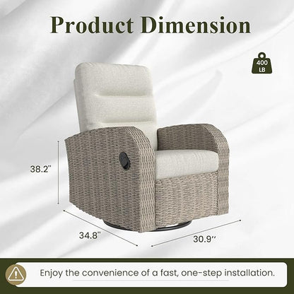 LayinSun Oversized Wicker Outdoor Swivel Glider Recliner with Adjustable Backrest & Footrest, Patio Reclining Lounge Chair - Set of 2