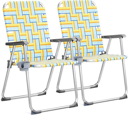 VINGLI Aluminum Patio Lawn Chairs Folding Set of 2 with Detachable Cup Holder, Webbed Beach Chair Folding Chair Outdoor Portable Camping Chair for Yard, Garden
