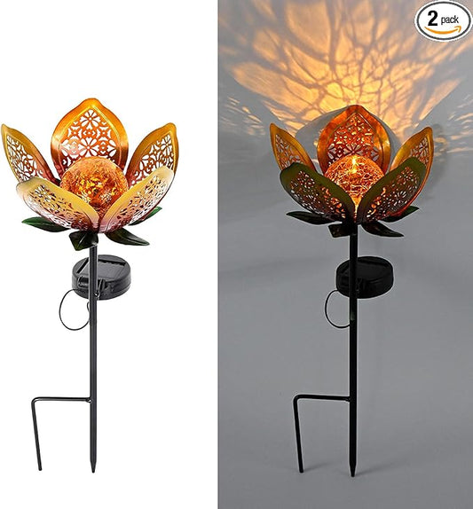 2Pack Solar Lights Outdoor Garden Decor,LED Lotus Flower Lamp, Metal Tulip Solar Lawn Lamp for Courtyard Decoration, Garden Gifts for Women