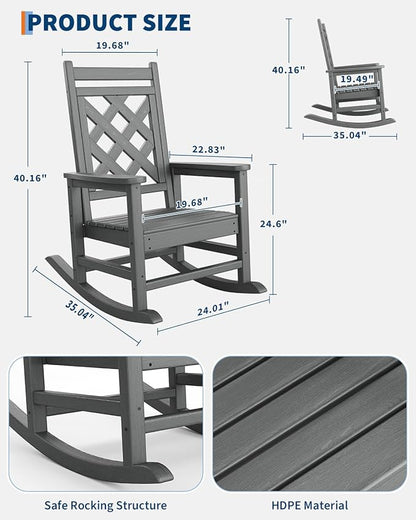 GarveeLife Outdoor Rocking Chair Set of 2, HDPE Weather Resistant Patio Rocking Chair Porch Rocker with Wood Texture & 380 LBS Support for Deck, Pool, Backyard, Gray