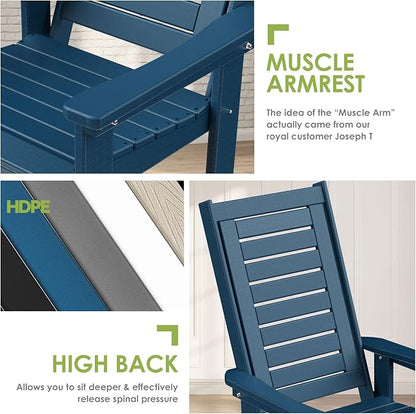 GREENVINES Outdoor Rocking Chairs | Porch Rocker | HDPE Plastic | Blue | Oversized Rockers | High Back | Big & Tall | Ladder Back | for Patio Outside Backyard Balcony Garden