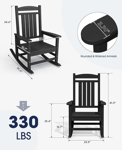 KINGYES Outdoor Rocking Chair Set of 4, High Density Polyethylene Patio Rocking Chairs with 330lbs Support for Adults, Black