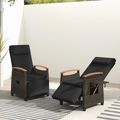 RELAX4LIFE Rattan Outdoor Recliner Chair - Wicker Chaise Lounge Chair w/Adjustable Back & Footrest, Acacia Wood Armrests, Flip Side Table, Cushion, Reclining Patio Chair for Pool Yard (1, Black)