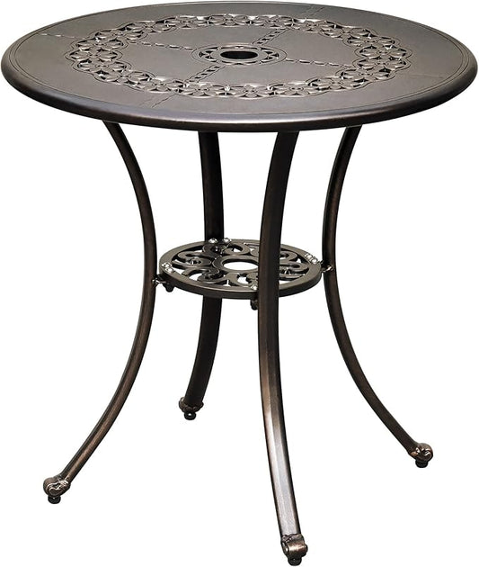 DWVO 25 Inches Round Patio Dining Table with Umbrella Hole, Antique Cast Aluminum Outdoor Bistro Table Outdoor Side Table for Backyard, Garden, Patio, Porch, Hammered Bronze