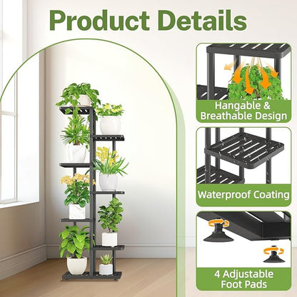 iDavosic.ly Plant Stand Indoor Outdoor, 6-Tier Tall Metal Flower Shelf for Heavy-Duty Large Planters, Corner Orchid Display Rack for Living Room Balcony Patio Porch, Space Saving, Modern Black