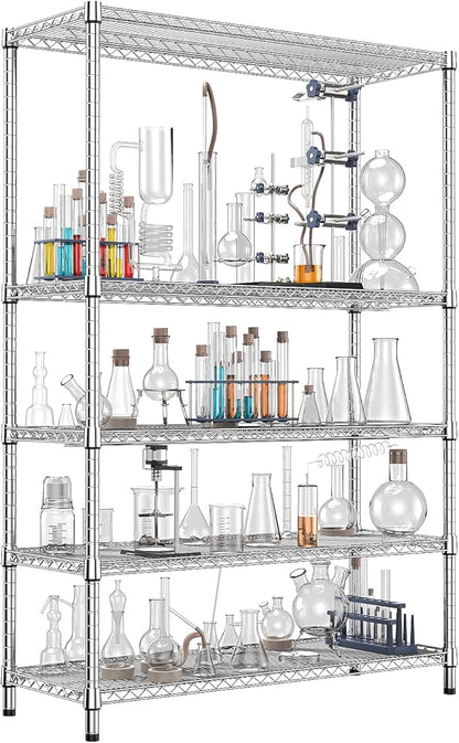 IZEUK 4250 LBS Garage Shelving Wide Storage Shelves 5 Tier Metal Shelves Heavy Duty Adjustable Utility Shelf Rack Chrome 17.7" D x 47.2" W x 70.4" H