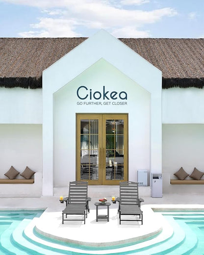 Ciokea Outdoor Lounge Chair Set of 4, All Weather Patio Chaise Lounge Chair for Outside, HDPE Chair with Rolling Wheels & Cup Holder, 5 Position, Deck, Pool, Dark Grey