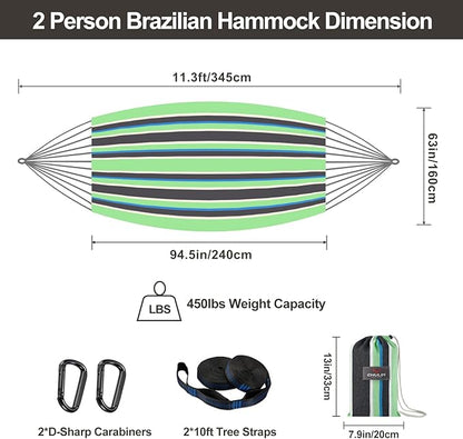 Brazilian Double Hammock with Tree Straps,Extra Large 94x63IN,2 Persons Hammock for Backyard Patio Outdoor and Indoor,450lbs Weight Capacity,Soft Woven Cotton Fabric - Black Stripe