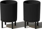 Veradek Demi Series Round Planter w/Stand for Porch/Patio | Durable Plastic-Stone Composite & Wooden Stand | Modern Décor for Tall Plants, Flowers